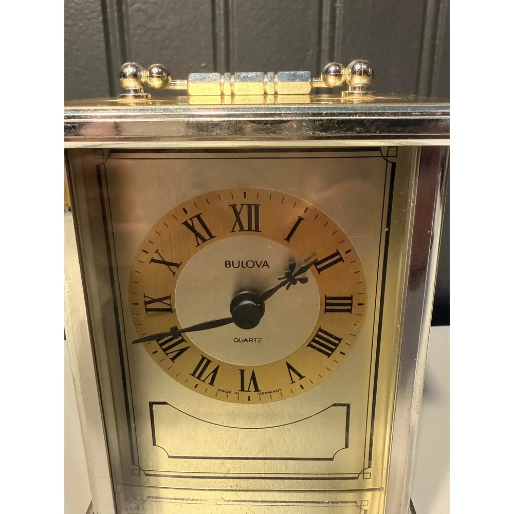 Bulova Quartz Carriage Clock Two Tone Silver Gold Roman Numeral Made in Germany